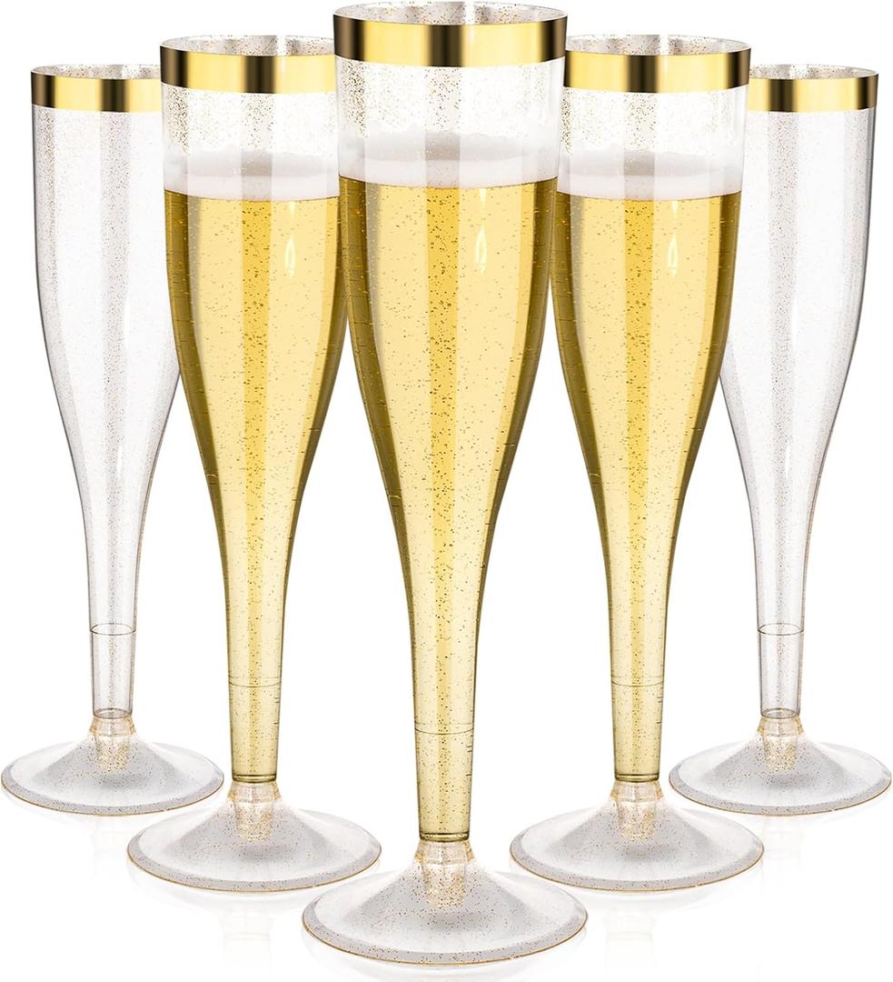 Goodluck 36 Pack 6.5 oz Plastic Gold Glitter Champagne Flutes with Gold Rim, Disposable Champagne Toasting Glasses for Wedding, Engagement, Party, Mimosa Bar