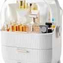 Makeup Organizer with Transparent Lid & 2 Drawers – Large Capacity Cosmetic Skincare Storage Box for Bathroom Vanity, Countertop, Bedroom – Portable and Dustproof, White (11"x7"x14")
