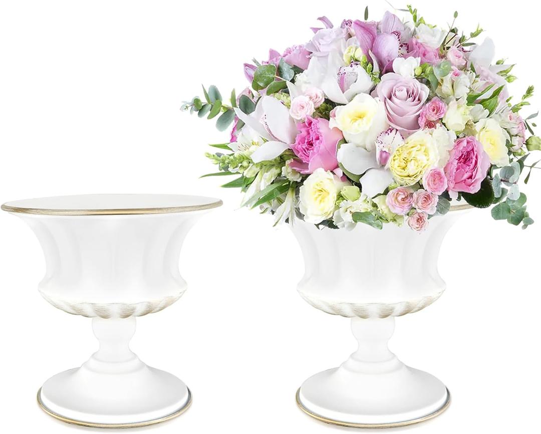 White Vase for Centerpieces Compote Bowl: Wedding Pedestal Vase 5.9 Inch Metal Flower Urn for Table Party Home Decor Set of 2