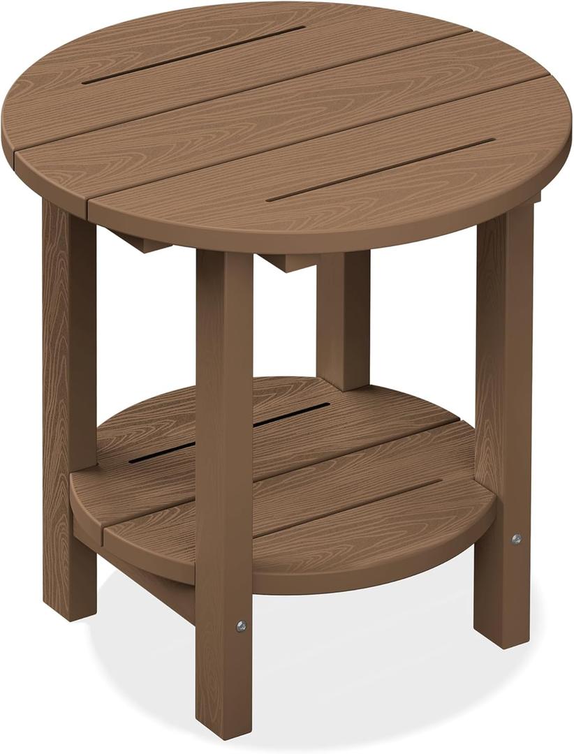 SERWALL Round Adirondack Side Table, 16.5" Double Outdoor Side Table, HDPE Small End Tables for Backyard Pool Porch Garden Lawn, Brown