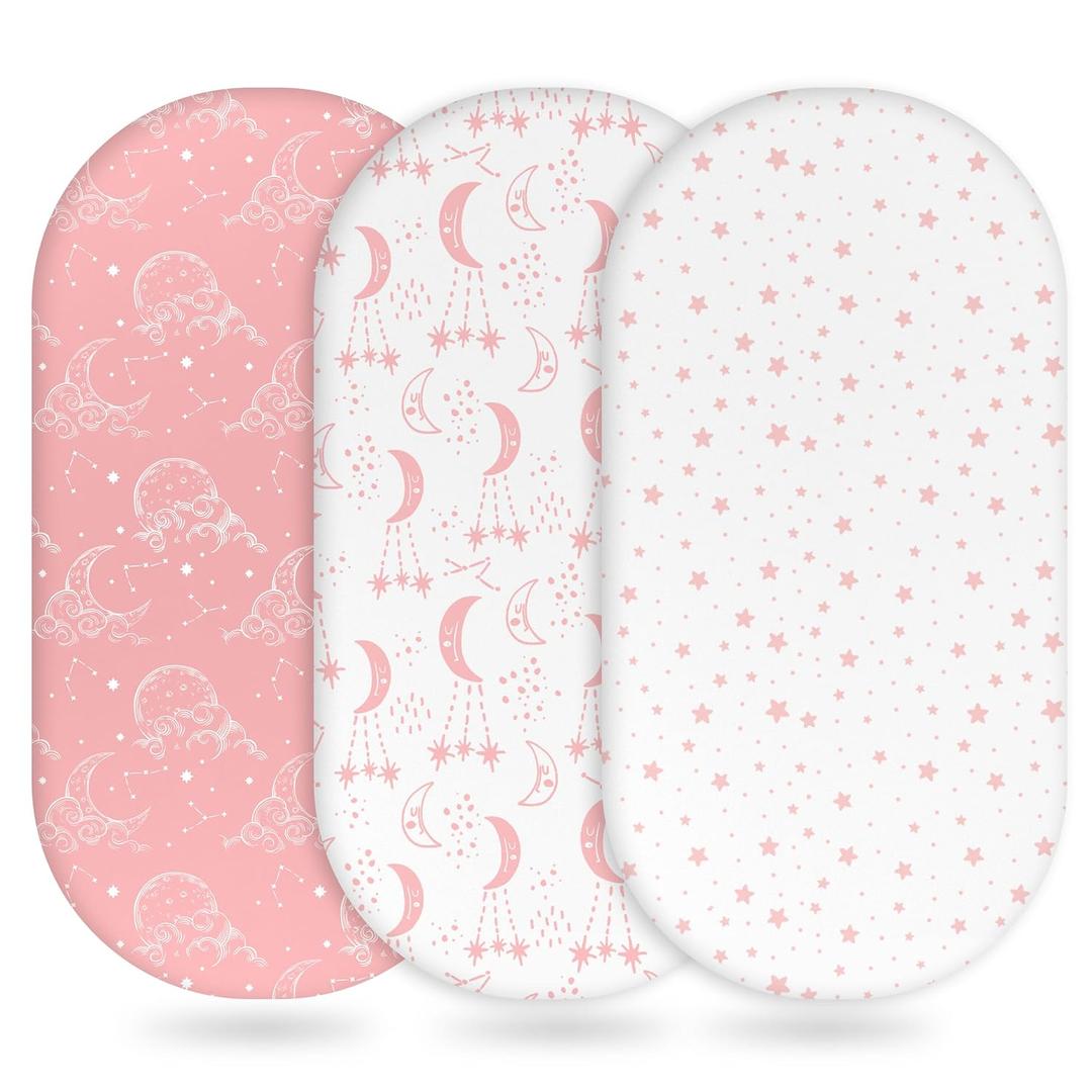 Unnivoll Baby Bassinet Sheets Girl Boy, Fitted Bassinet Sheet Set 3 Pack Bassinet Mattress Sheets Universal Fit for Rectangle, Round, Oval, Hourglass Mattress, Soft Breathable Pink White Moon