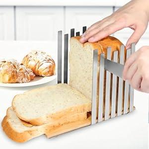 Novellaire Stainless Steel Bread Slicer, Bread Slicer for Homemade Bread, Bread Slicing Guide with Sturdy Bamboo Cutting Board, Slices Evenly Bread Cake Cutting Guide