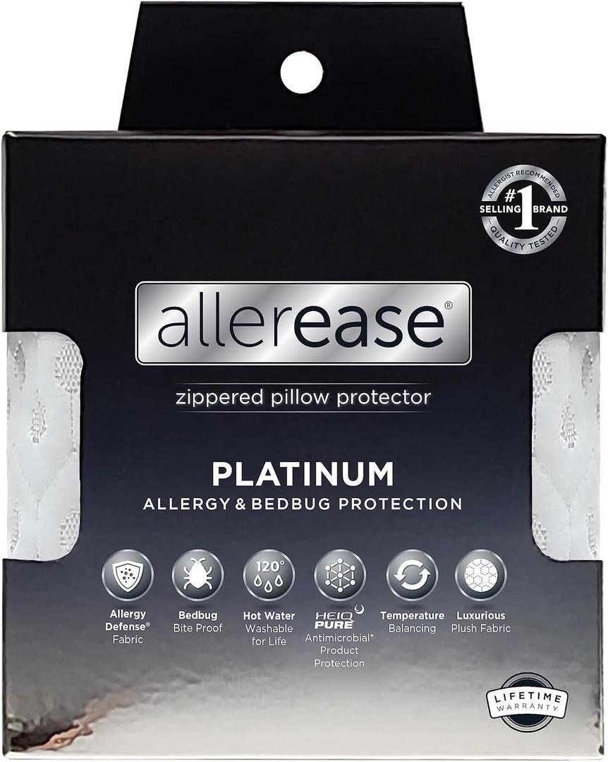 AllerEase Platinum Allergy Defense Particles Proof Temperatur Balancing Luxurious Plush Fabric Machine Washable Bedbug Bite Proof Durable Zippered Pillow Protector, King Size, White