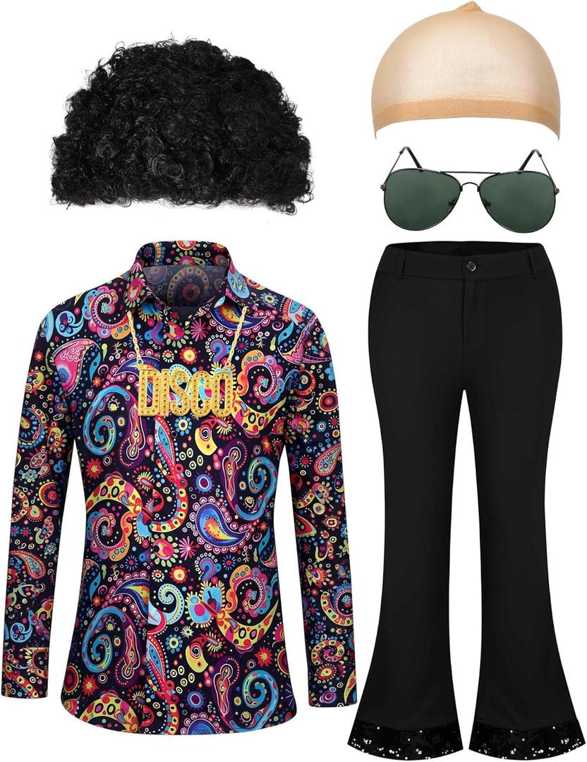 Mepase 6 Pcs Men 70s Disco Costumes Include Retro Shirt Bell Bottom Pants Wig Sunglasses Necklace Wig Cap for Disco Party (X-Large)