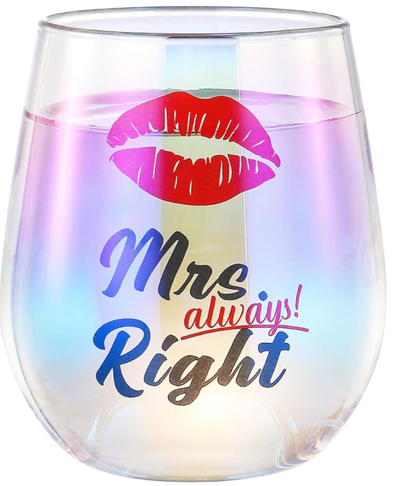 SHENDONG Mrs Always Right Wine Glass Gift for Wedding Bridal Shower Gifts for Bride Valentine's Day Gifts 15OZ Gift Box (Rainbow)