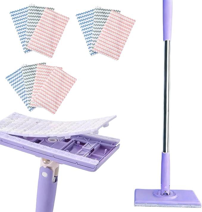 Snap Grip Mini Mop,Convenient Cloth Changing Mini Mop,Retractable Gap Dust Cleaner Flat Mops with Locking Head &Sweeping Cloths,（1mop + 5random Color Rags (Purple)