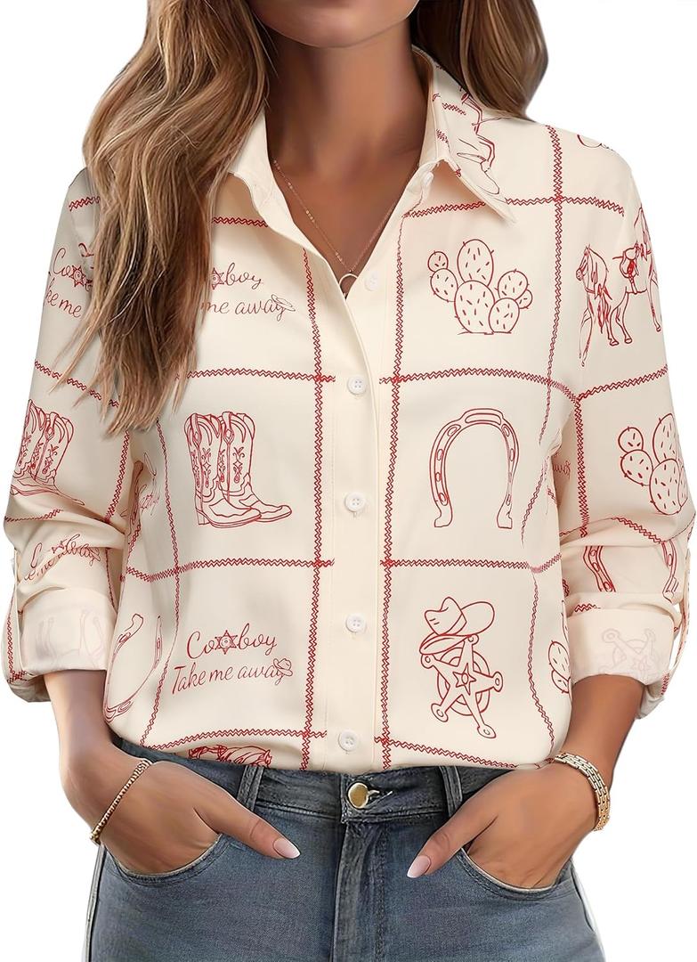 MYMORE Women's Western Cowgirl Graphic Button Down Shirt Long Rolled 3/4 Sleeve Floral Print Cowboy Shirts (Beige, M)
