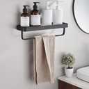 15.7 Inch Bathroom Tempered Glass Shelf with Towel Bar,Wall Mounted Aluminum Shower Organizer,Over Toilet Storage Cabinet,Matte Black,Kitchen Rectangular Vanity Rack