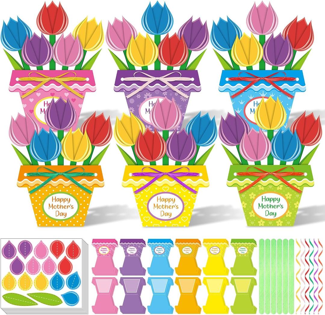 Funrous 24 Set Mother's Day Craft Kits Make Your Own Flowerpot Handmade Greeting Card DIY Mother's Day Large Paper Tulip Craft Kits for Mom Gift Spring Holiday Party Activity Flower Art Projects