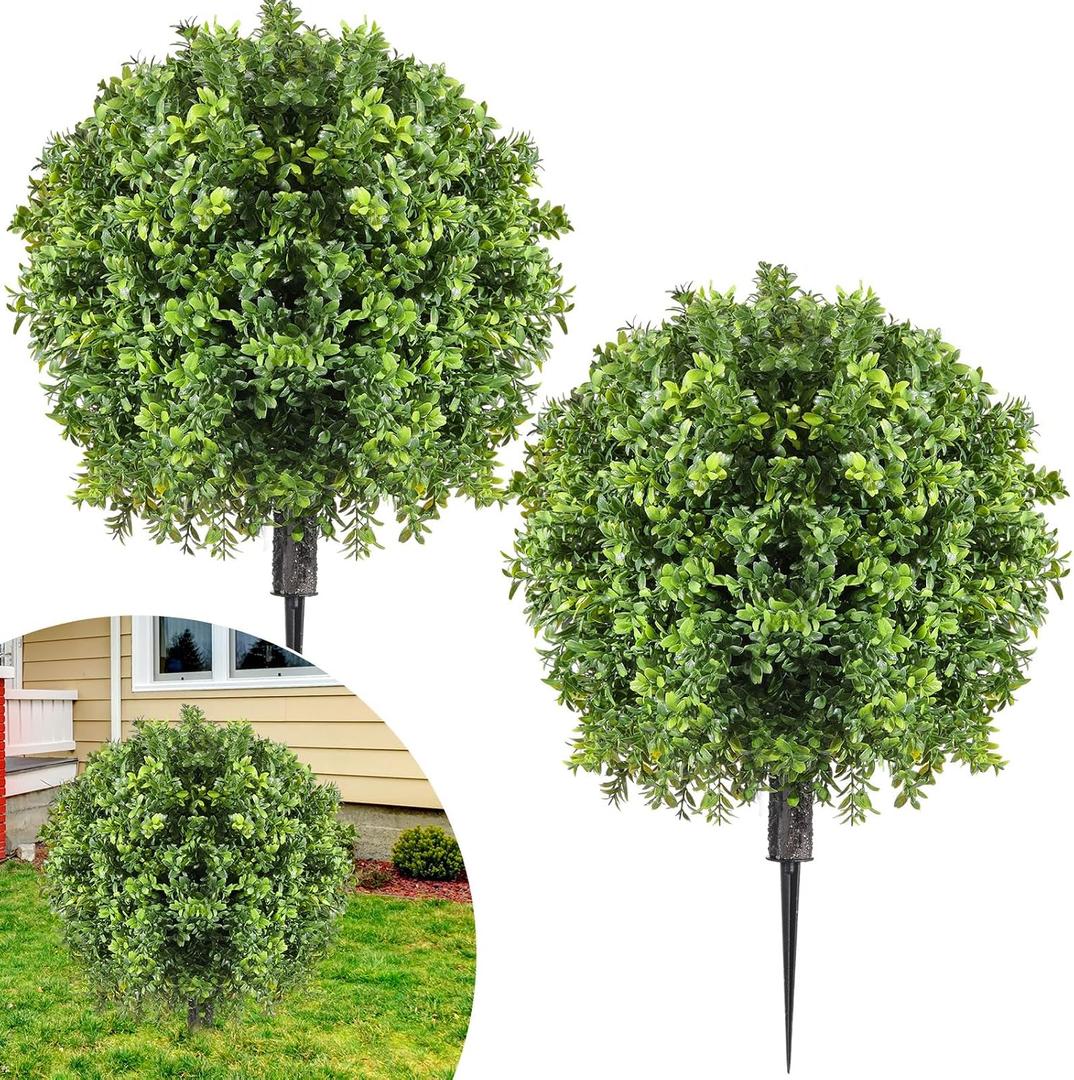 Canlierr 2 Pcs Artificial Boxwood Topiary Ball Bush 26" Tree UV Resistant with Spike Easy to Push in The Ground Fake Boxwood Plants Faux Greenery Shrubs for Indoor Outdoor Home Garden (Light Green)