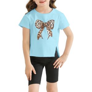 Girls Butterfly Graphic T Shirt Cute Short Sleeve Tees Summer Tops Crewneck Side Slit Shirt (160, Blue)