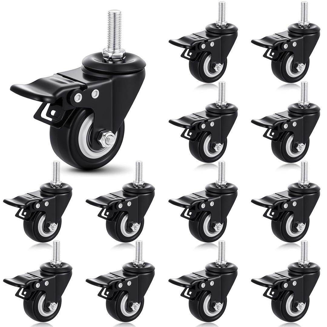 Aurelema Set of 12 M10 Caster Wheels 2 Inch M10 x 25 mm Swivel Threaded Stem Caster Locking Standing Desk Wheels Heavy Duty 360 Polyurethane with Dual Brake, No Noise, 400 lb for Cart Desk Furniture