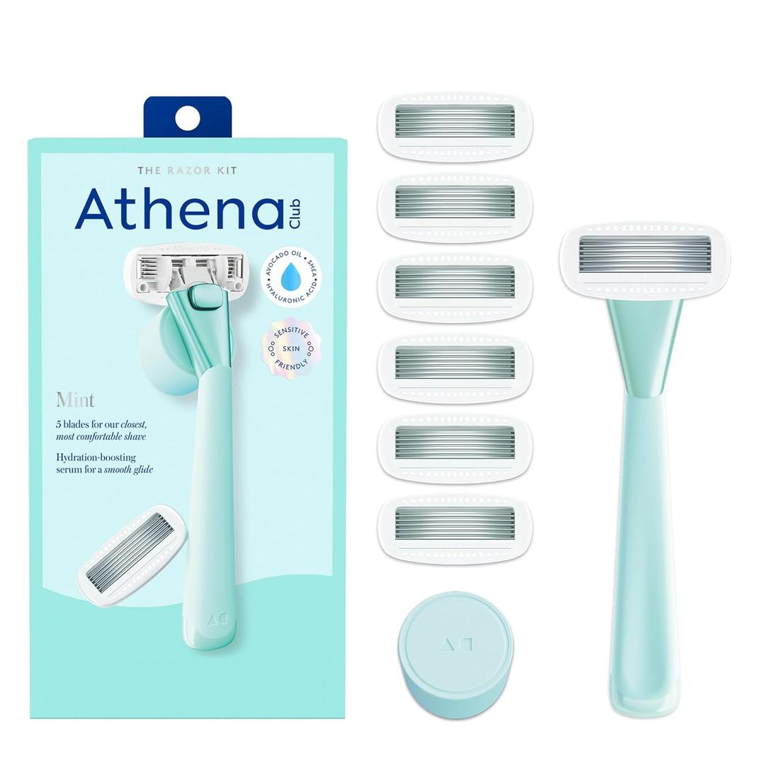 Athena Club Womens Razor Kit, 5-Blade Cartridge Razor for Sensitive Skin, Serum-Infused Blades with Shea Butter and Hyaluronic Acid, Includes Handle, 6 Refills and Magnetic Shower Hook - Mint