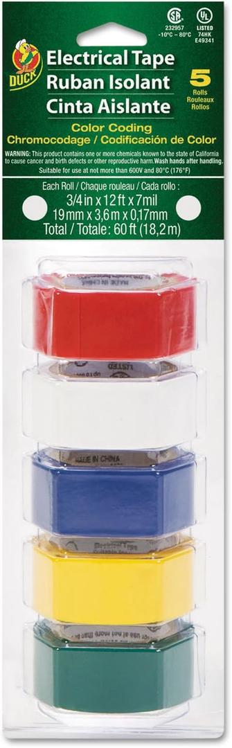 Duck 280303 Electrical Tape 3/4-Inch x 12 ft 1-Inch Core Assorted 5/Pack