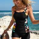 MODLILY Modest Coverage Womens Tankini Swimsuits, Two Piece Patchwork Bathing Suits, Ruched Tank Top with Shorts (Black, XL)