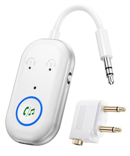 Bluetooth Transmitter Receiver, 3.5MM to Bluetooth 5.3 Transmitter, 2 in 1 Airplane Adapter for Headphone, TV, Airplane, Home Stereo, Speakers, Headphone, Car, Dual Connection (White)