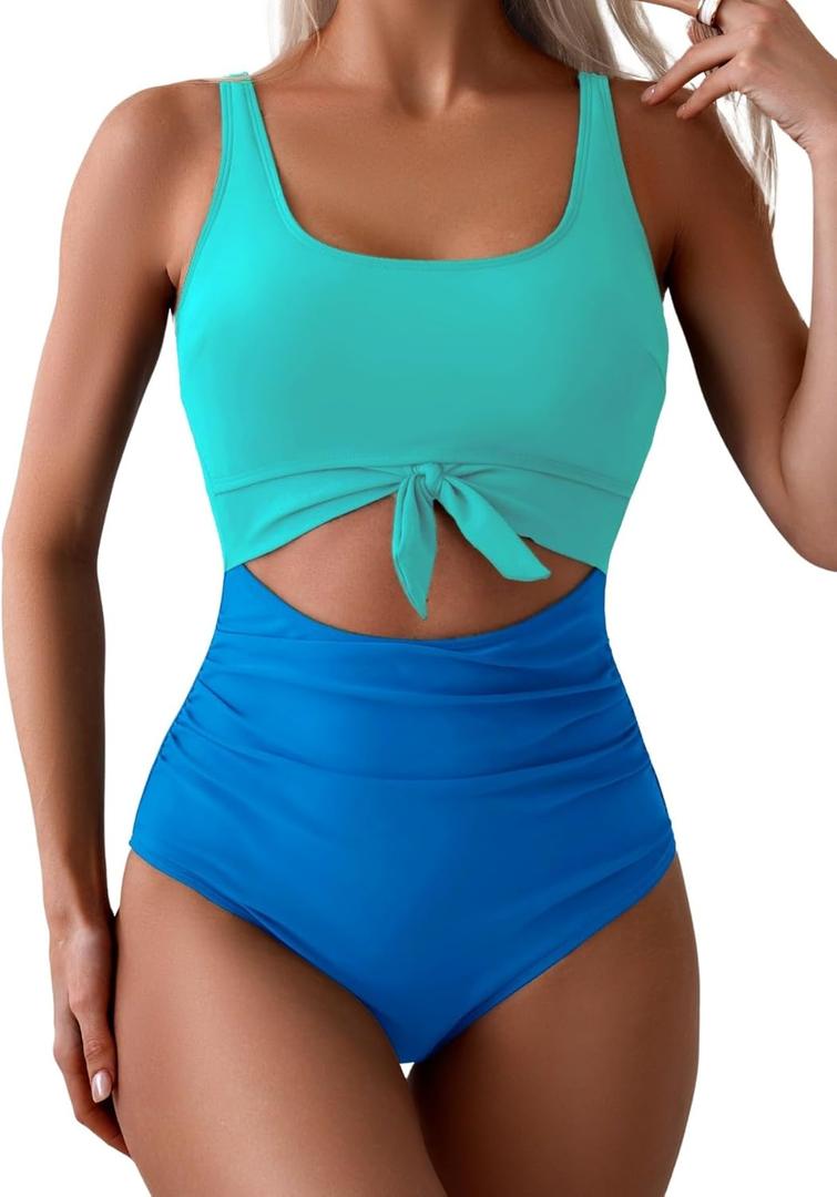 Eomenie Women's One Piece Swimsuit Tummy Control Slimming Bathing Suit Cutout Tie Knot Swimwear (X-Large, Blue Color Block)