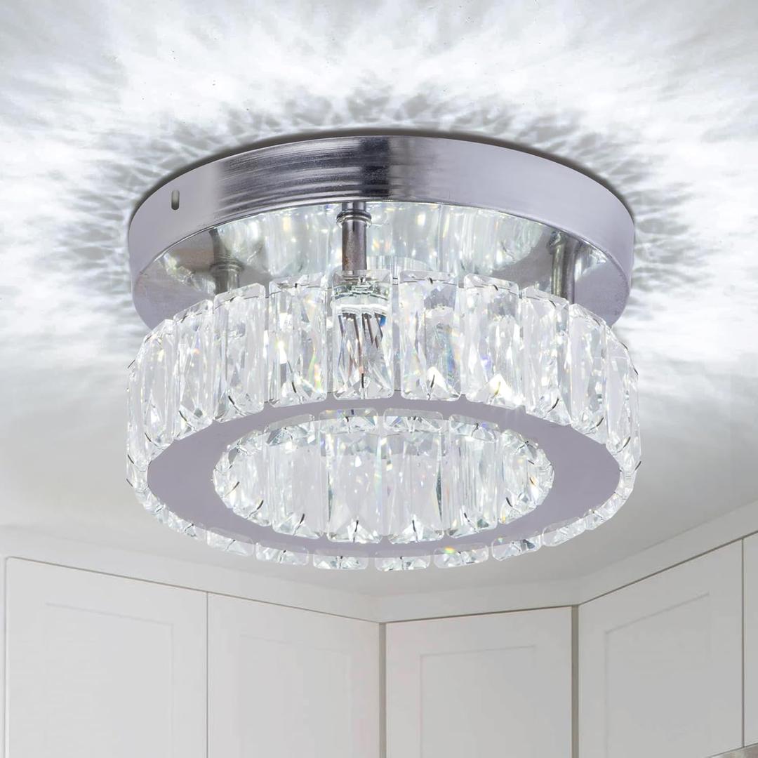 Modern Crystal Chandelier Small Flush Mount Ceiling Light Fixture LED Crystal Ceiling Light for Dining Room Bedroom Living Room Hallway (Cool White) (round one)