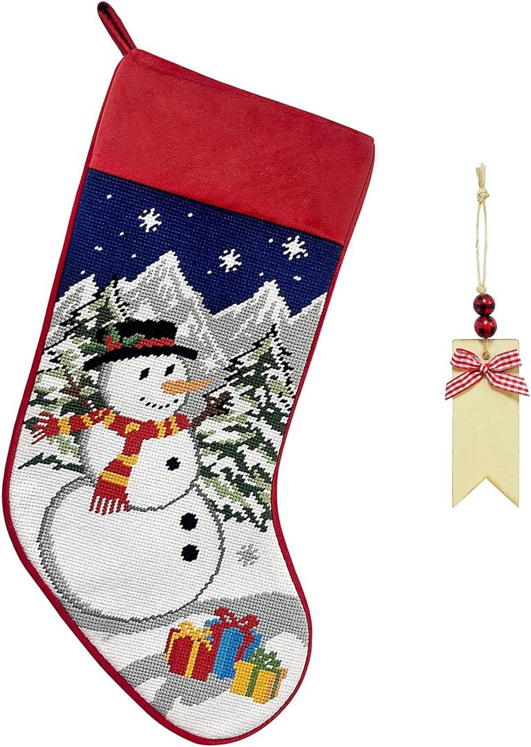 Arciveberg Needlepoint Christmas Stockings, 18 Inches Vintage Xmas Stocking with Personalized Name Tag, Embroidered Snowman Design, Old-Fashioned Christmas Holiday Party Gift Family Decoration