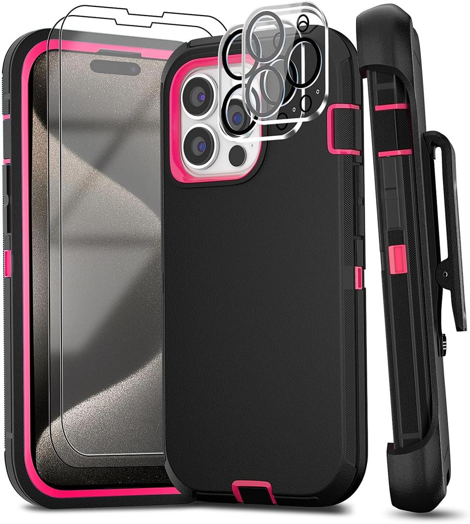 for iPhone 15 Pro Max Case with Belt Clip Kickstand Holster, 2 Camera Lens Protector & 2 Screen Protector, Heavy Duty Full Body Protective Phone Case 6.7" (Belt Clip,Black Rose)