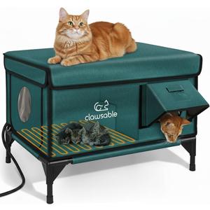 Indestructible Heated Cat House for Outside Winter, 100% Waterproof, Safe Escape Door, Insulated Outdoor Cat Shelter with Heater for Feral Barn Cat Kitty (Forest Green, 27"x17"x18")