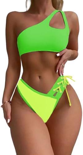 YELAIVP Women's Bikini Sets One Shoulder High Waisted Two Piece Swimsuit Lace Up High Cut Bathing Suit Size XL