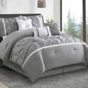 Grey Comforter Set, Queen, 7 Piece Bed in a Bag, Microfiber Handcrafted Pintucking, All Season Bedding Set with Comforter, Bedskirt, Pillow Shams and Decro Pillows