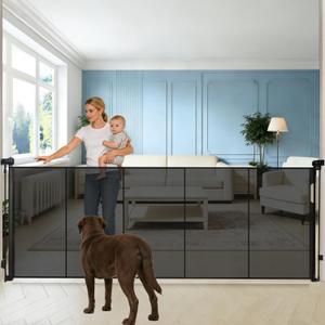 120" Extra Wide Retractable Baby Gates, 42" Extra Tall Retractable Dog Gate Pet Gate with Support Rods, Long Mesh Screen Child Safety Gate for Garage Doorways Hallways Deck Porch, Outdoor Indoor Use