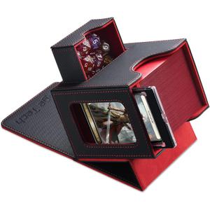 Mage Tech Card Deck Box for MTG Commander - Patented Design, Commander Display, Fits 100 Double-Sleeved Cards, 35pt Card Brick & Dice Tray - Black/Red