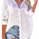 Bsubseach Button Down Swim Cover Up Shirt Sexy Long Sleeve Beach Blouse Bathing Suit Cover Ups for Women (One Size, White)