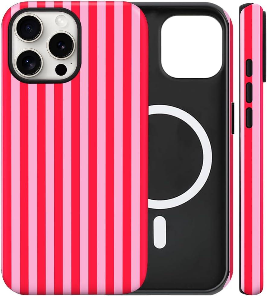 Magnetic for iPhone 15 Pro Case Cute Stripes Phone Case, Shockproof Slim TPU and Hard PC Protective Phone Cover Compatible with MagSafe Designed for Women Girls, Red and Pink