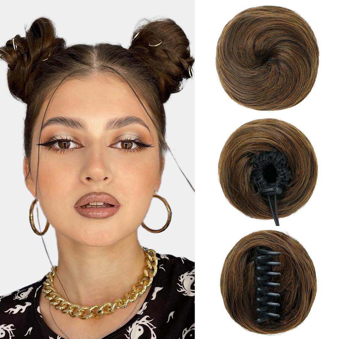 Space Bun Hair Pieces 2PCS Mini Claw Clip in Messy Fake Hair Bun Extensions Accessory Updo Hairpieces for Women Girls Daily Party Use, Brown Highlight