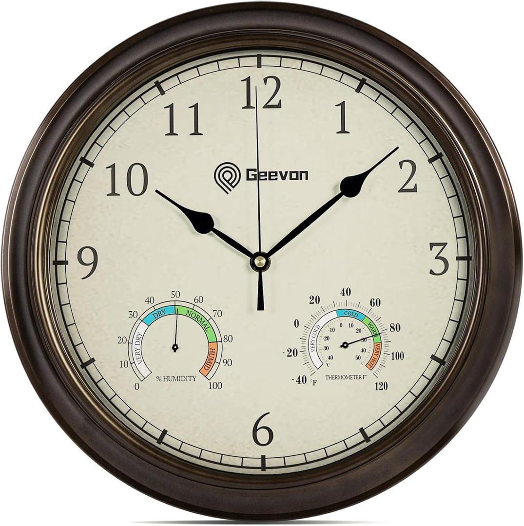 Geevon 14 Inch Retro Wall Clocks Battery Operated with Hygrometer and Thermometer Combo, Silent Wall Clock Non-Ticking Quartz Decorative for Kitchen Living Room School Bedroom