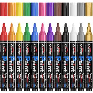 Overseas Acrylic Paint Marker Pens - 12 Colors Permanent Markers, Medium Tip, Water Based, Quick Dry, Waterproof Paint Pen Set for Rock, Wood, Plastic, Metal, Canvas, Glass, Fabric, Mug, Stone