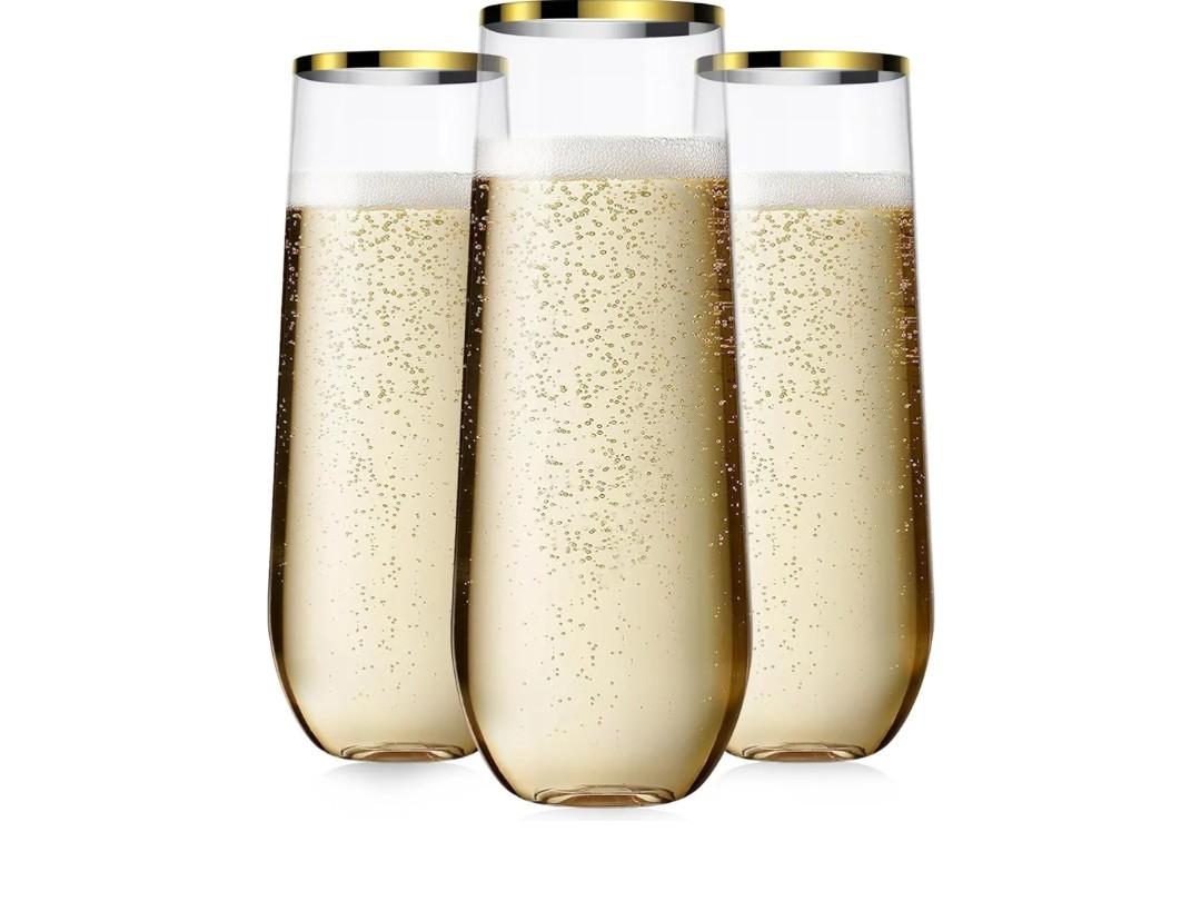 Maaacute 28 Pack Champagne Flutes Plastic, 9 Oz Disposable Stemless Mimosa Gold Rim Toasting Glasses, Clear Crystal Plastic Cocktail Cups for Bridal Shower Wedding Party Birthday Mimosa Bar
