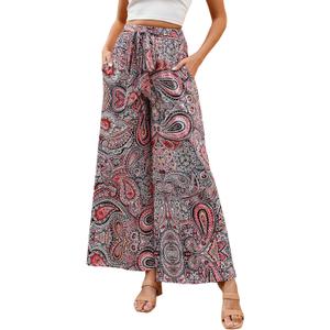 ZAFUL Women's Casual Wide Leg Elastic Waist Drawstring High Waisted Floral Print Palazzo Pant (M)