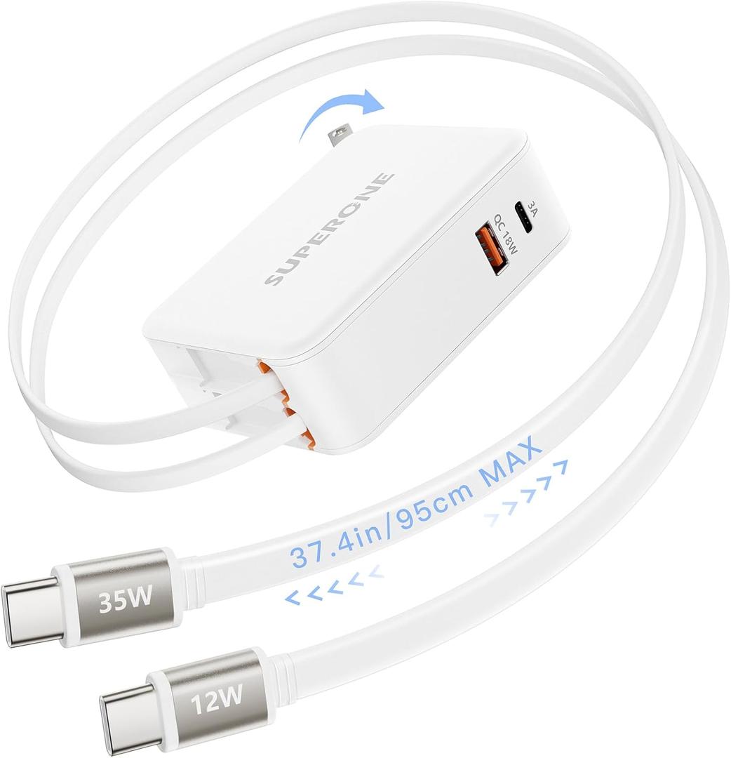 2026 UpgradeSUPERONE 4 in 1 Retractable Wall Charger Plug with Dual USB C Cables 3.3FT (Longest Retractable), 35W Fast Charging Retractable Phone Charger for iPhone 17/16/15/14, iPad, Galaxy, Pixel