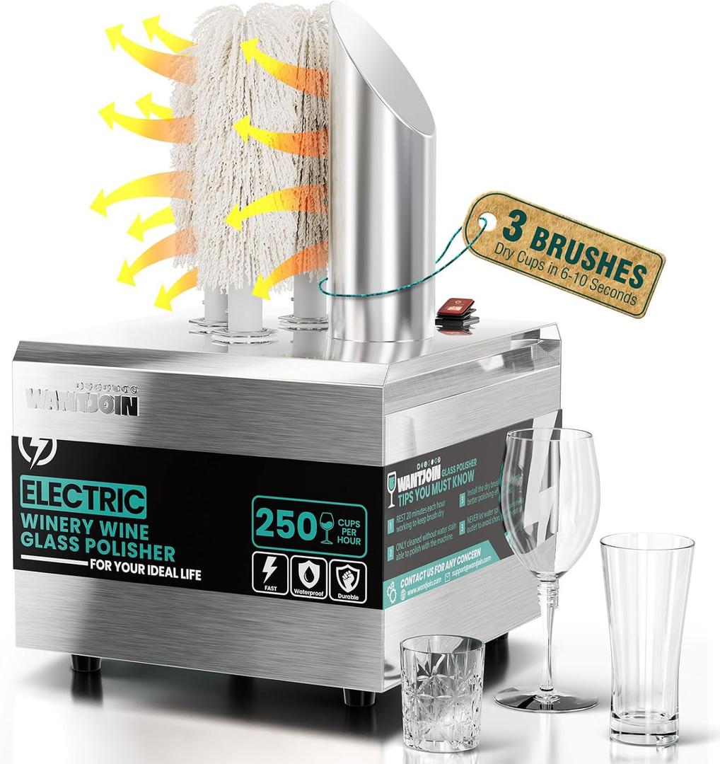 WantJoin Wine Glass Polisher Machine - 3 Brushes 250 Cups/Hour Commercial Electric Automatic Dryer with 304 Stainless Steel, 100% Cotton, 1150W High Power, 140°F Air Drying for Bar Restaurant Kitchen