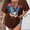 SOLY HUX Women's Plus Size Letter Graphic Tees Cut Out Deep V Neck Half Sleeve T Shirts Tops (Brown, XL)