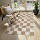 LIVEBOX 3x5 Washable Area Rug Checkered, Non-Slip Small Entryway Rug Brown Farmhouse Neutral Classic Geometric Boys Rug for Bedroom Room Low-Pile Carpet for Indoor Kitchen Bathroom(Brown 3'x5')