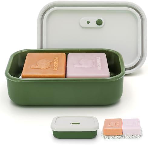 AIDIMMING Silicone Enhanced Leak Proof Travel Soap Case, Vented Shampoo Bar Holder, Large Bar Soap Box with Lid Portable Soap Dish with Draining Layer (Offwhite& Green)
