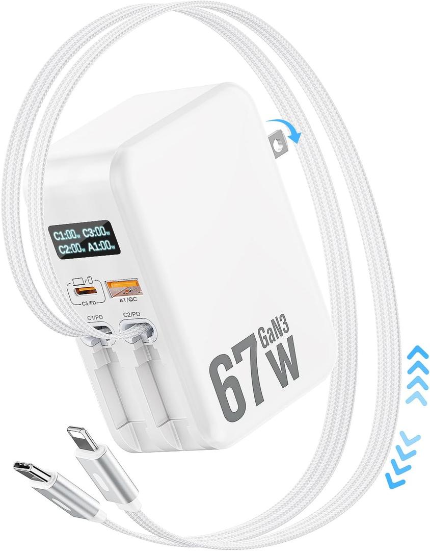 67W Retractable Phone Charger Wall Plug,4 in 1 Retractable Wall Charger with Dual Cables &2 Ports&LED Display,PD 30W USB C Fast Charging Block for iPhone 17 16 15 14 13 Pro Max,Galaxy 25 24, Tablet