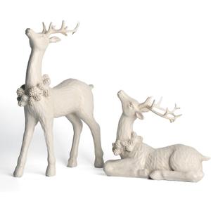 DN DECONATION 2pcs White Christmas Reindeer Statue, Indoor Reindeer Decor, Tabletop Resin Deer Figurine (Set of 2)