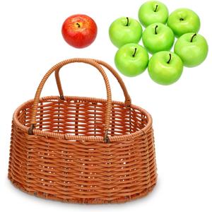 Halloween Party Decoration 8 Pcs Artificial Apples with 1 Pcs Fruit Basket Fake Red Green Apples for Home House Kitchen Table Photography Witch Cosplay Supplies