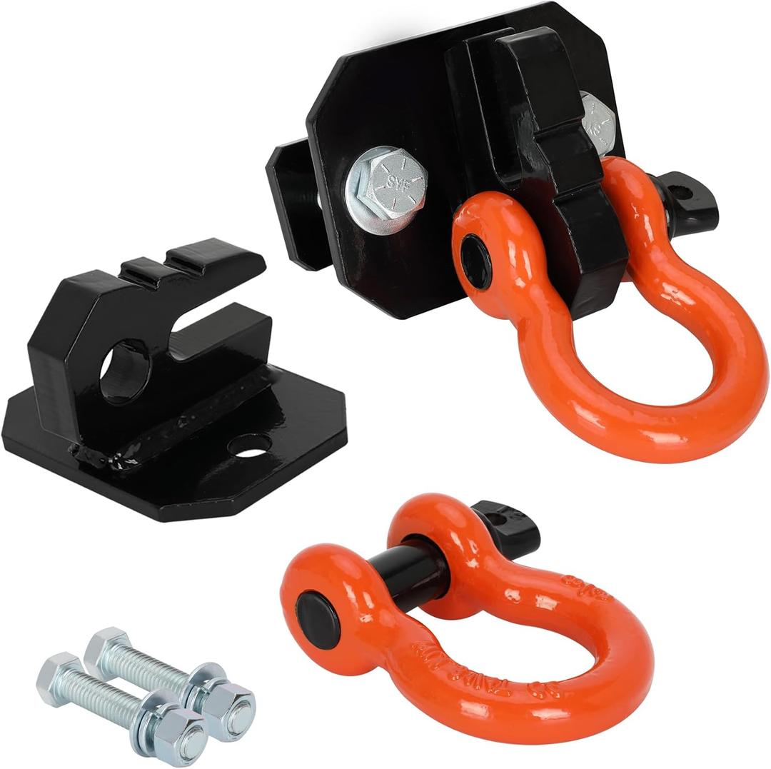 3/8 inch Tractor Bucket Grab Hook with 5/8 inch Tie Down D-Ring Shackle 2 Pack, Bolt-On Tow Hook Mount with Bracket Plate, Max 10,000 lbs Capacity (Black & Orange)