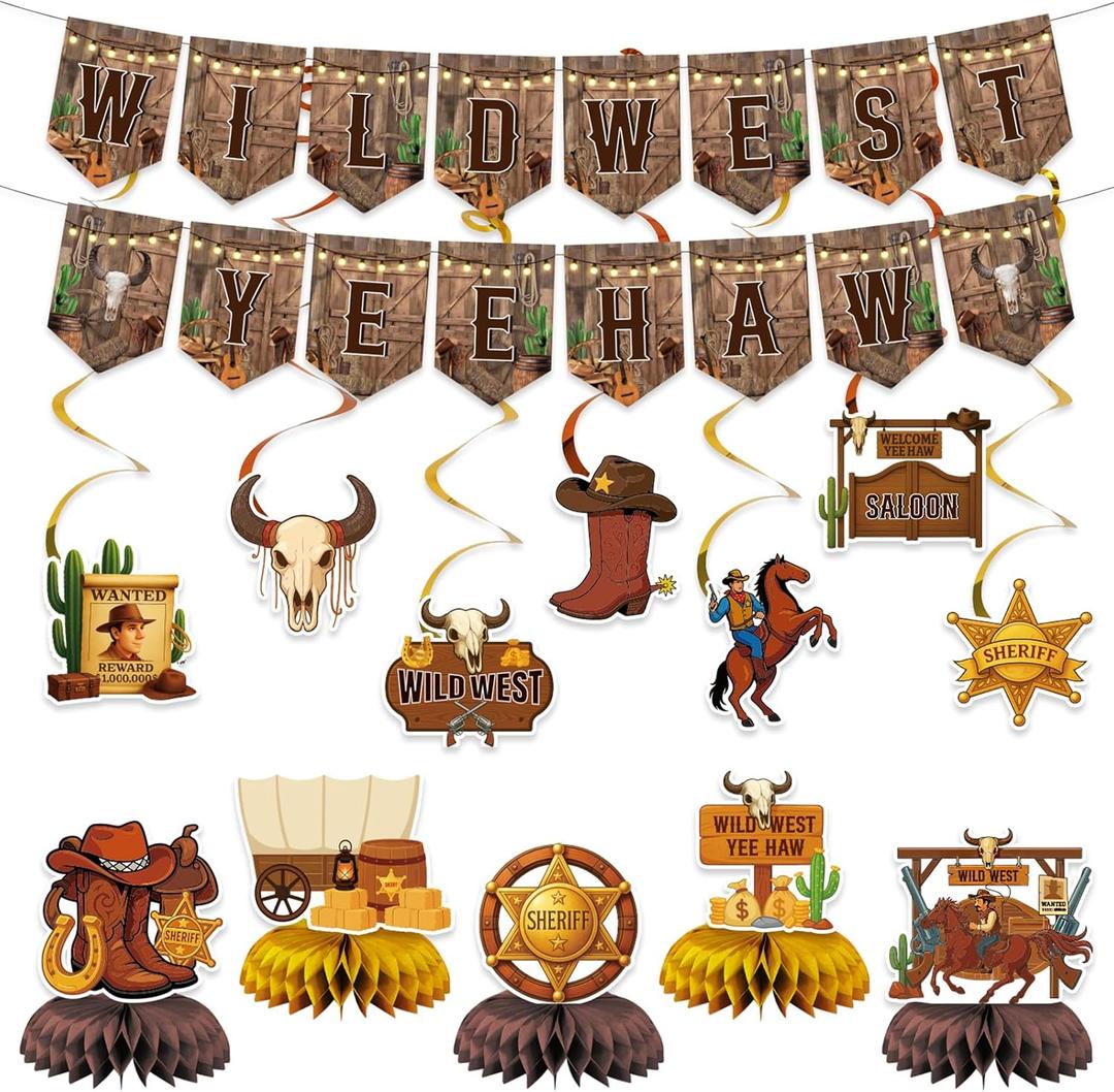 Western Party Decorations Wild West Yee Haw Banner Western Table Centerpiece Ceiling Streamers Hanging Swirls Cowboy Themed Birthday Party Supplies (Brown)