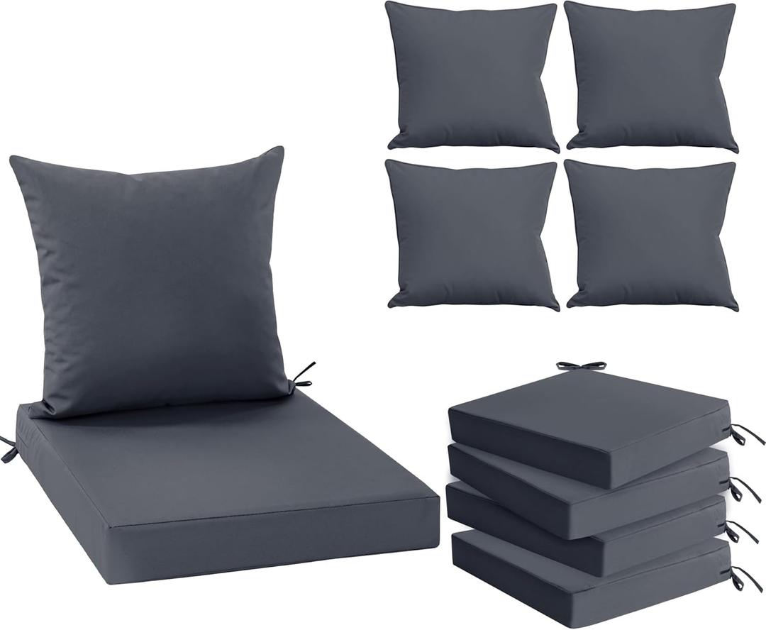 Waterproof Outdoor Cushions for Patio Furniture, Fade Resistant Backrest and Deep Seat Cushion Set with Removable Cover, 22 x 22 Inch, Dark Grey, Set of 4 (22*22 + 22*20 Inch, Dark Grey)