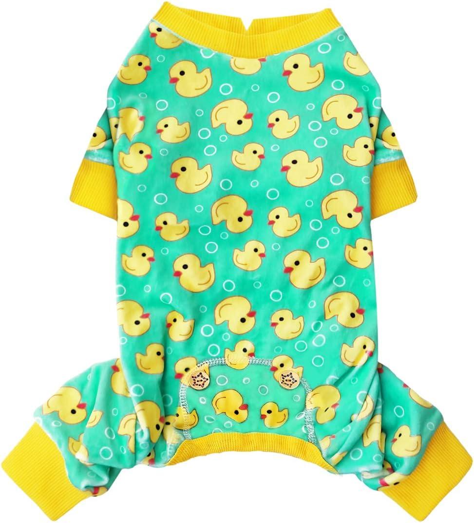 KYEESE Dog Pajamas Stretchy Pet Jammies Coat Comfy Pet Onesie Costume Velvet Dog Pajamas Small Sized Dogs Soft Dogs Clothes Pjs with Yellow Ducks Pattern, Large (Large (15-25lbs), 01# Yellow Duck)