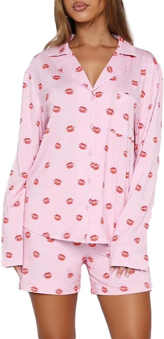 Women 2 Piece Pajamas Set Button up Long Sleeve Shirt and Shorts Lounge Set (M)