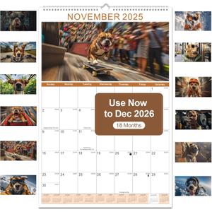 Gannyfer 2026 Wall Calendar,18 Months 22.75" x 15.5" Calendar 2025-2026, Use Now to DEC 2026, Large Spiral Binding Funny Dog 2026 Calendar, Perfect for Home, School or Office (6 Stickers Included) (Brown)
